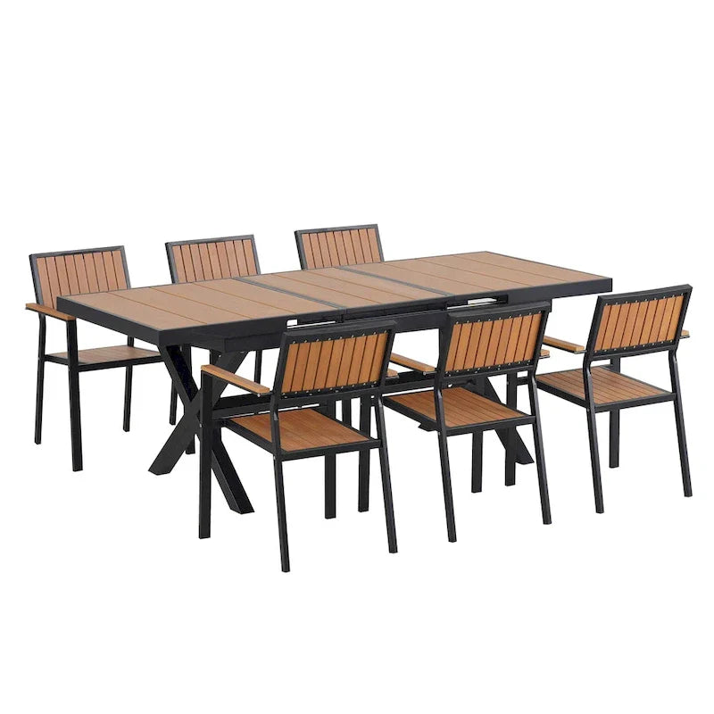 7-teiliges ausziehbares Outdoor-Essset mit ausziehbarem Tisch und 6 Armlehnstühlen