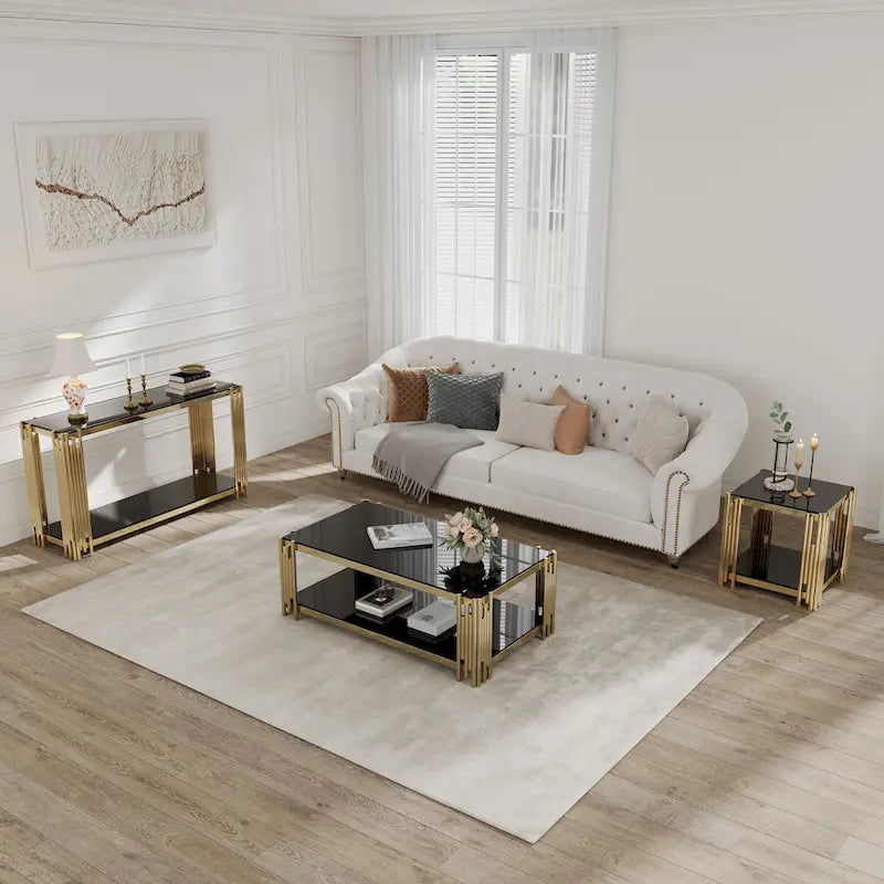 Table console étroite à 2 niveaux avec structure métallique finition or et plateau en verre trempé