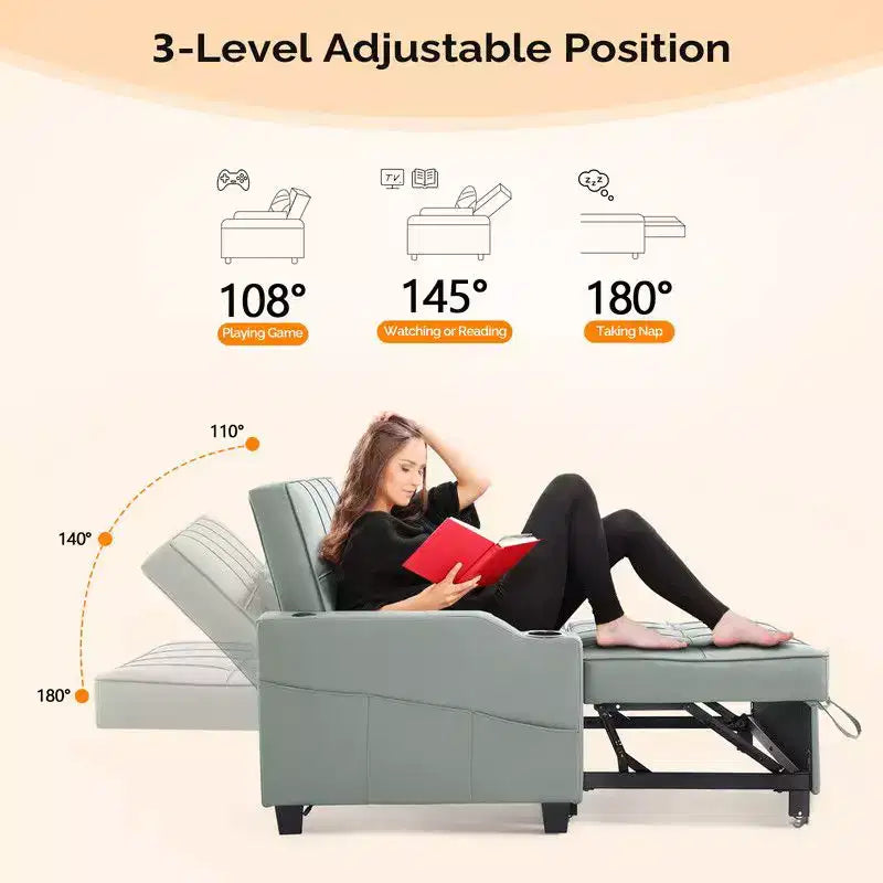 Gepolsterte, umwandelbare Schlafcouch mit Relaxfunktion aus Cat's-Claw-Leder, Kissen inklusive, für kleine Räume