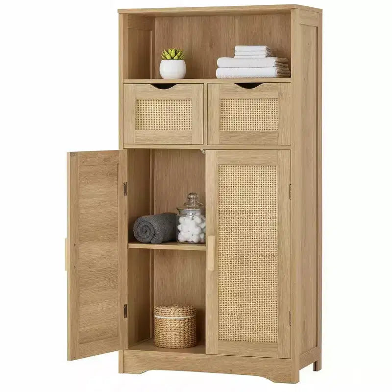 Armoire de rangement en rotin avec 2 tiroirs et étagères réglables pour la cuisine et la maison