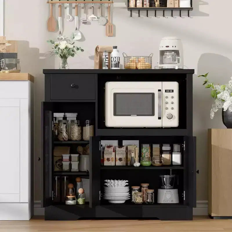 Mobile da cucina per microonde con vani contenitori, 3 ante, 1 cassetto e ripiani regolabili, dispensa