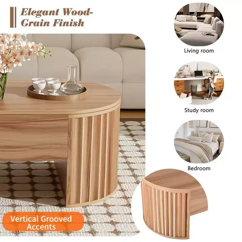 Salontafel van 47.2'' met hefbaar blad, ovale houten middentafel met verborgen opbergruimte, moderne cocktailtafel voor woonkamer, slaapkamer en kantoor