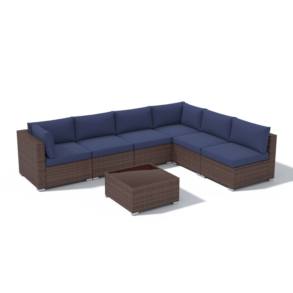 7-teiliges Outdoor-Ecksofaset aus Rattan und Stahl mit Kissen