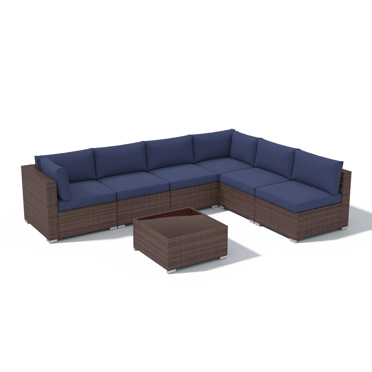 7-teiliges Outdoor-Ecksofaset aus Rattan und Stahl mit Kissen