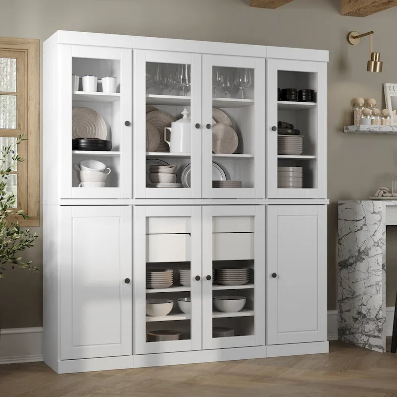 Credenza dispensa da cucina in legno massello al 100%, con ante in vetro o legno massello e kit con 2 cassetti, 65 x 71.5