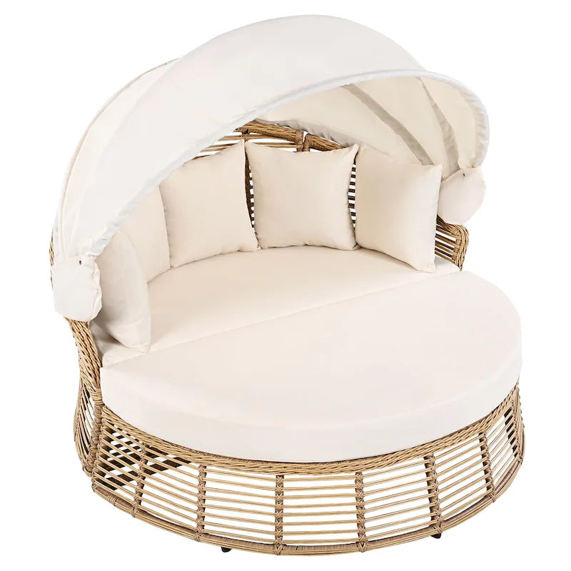 Daybed rotondo da esterno in rattan con tettoia e cuscini rimovibili