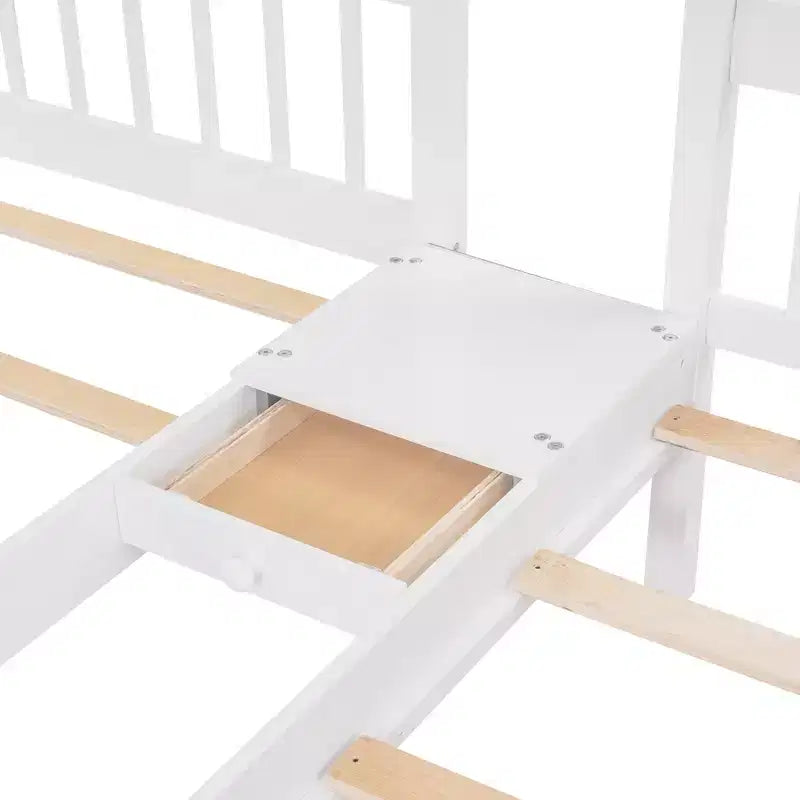 Lit superposé Whisen avec lit double au-dessus de deux lits simples, en bois, avec tiroirs et barrières de sécurité