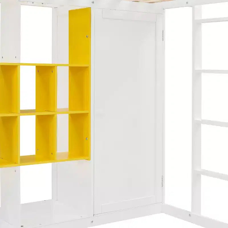 Kinder-Hochbett mit Kleiderschrank und Regalen, Holz-Hochbettrahmen mit Stauraumschrank für Kinder und Jugendliche