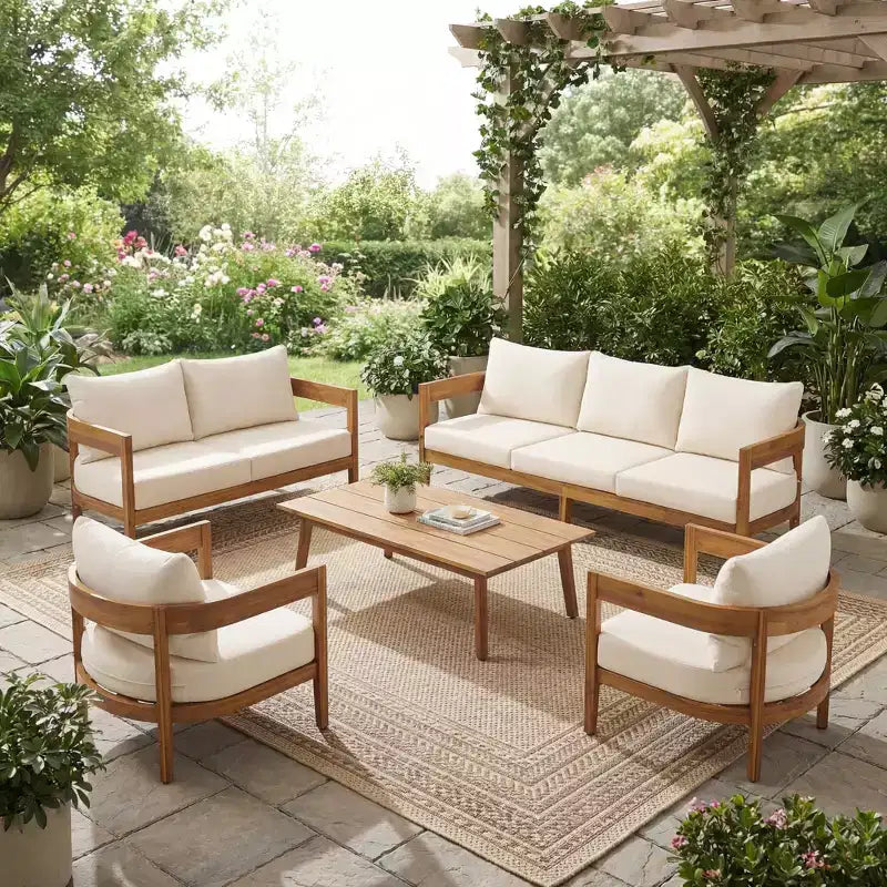 Set da conversazione da patio Christopher Knight Home Safira, 5 pezzi, in legno rustico di acacia con cuscini spessi