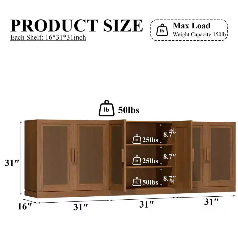 Ensemble de 3 buffets de rangement avec portes en rotin et étagères réglables - 93Lx31H