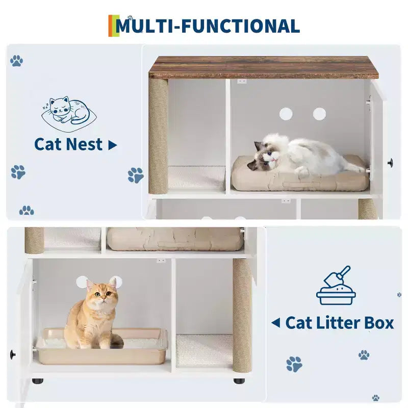 Katzentoiletten-Schrank mit zwei Bereichen, verstecktes geschlossenes Möbelstück für Katzentoiletten mit Kratzsäulen und doppellagigen Katzenstreumatten, Haustierhaus für den Innenbereich