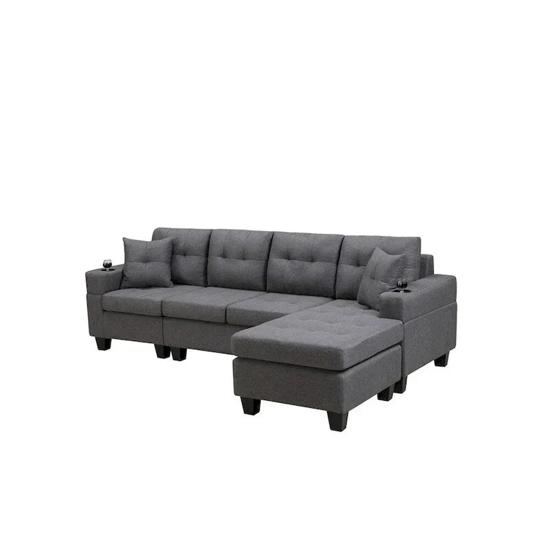 Canapé modulaire pour salon avec méridienne en forme de L et porte-gobelet