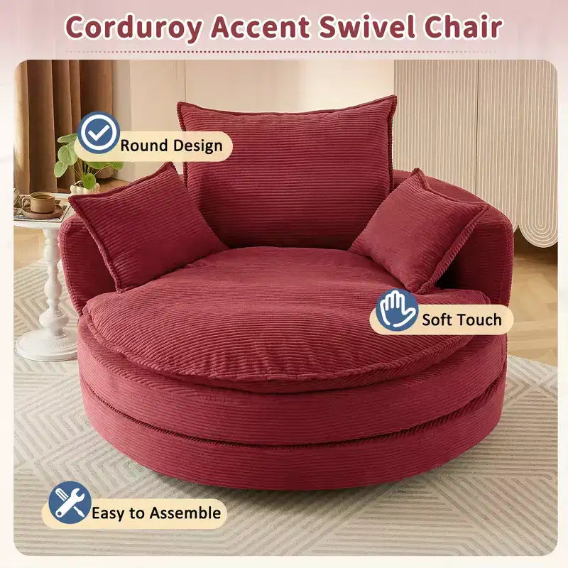 Fauteuil d’appoint pivotant à 360°, fauteuil tonneau rond pivotant avec coussin pour le salon
