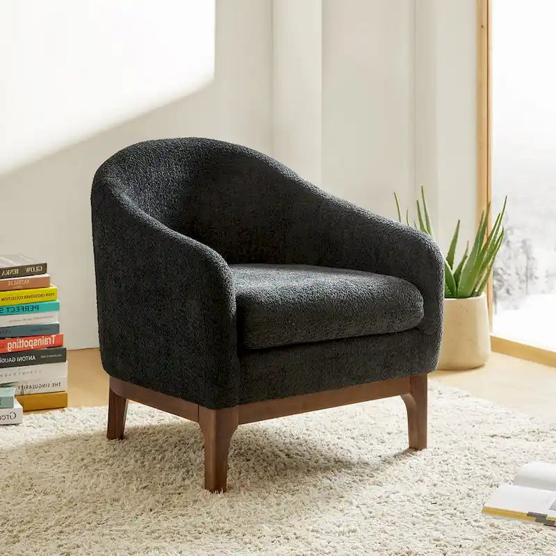 Fauteuil d’appoint moderne en tissu bouclé Augus avec pieds en bois massif par HULALA HOME