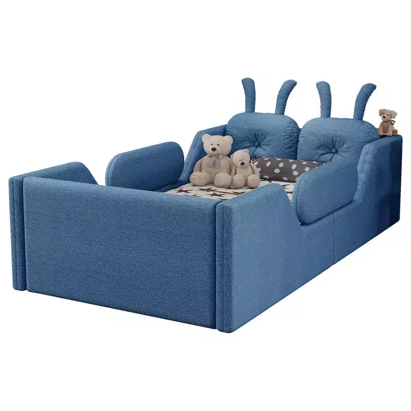 Lit plateforme simple Whisen, cadre de lit rembourré pour enfant au ras du sol avec coussin lapin et barrières latérales amovibles