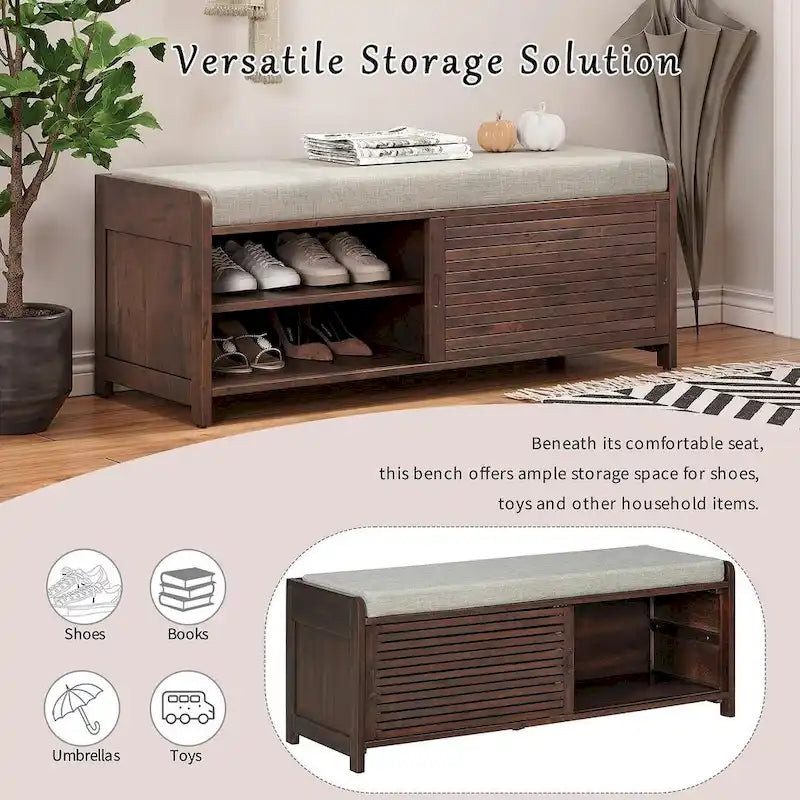 Banc de rangement en bois massif de 43.30 pouces avec persiennes vieillies contemporaines