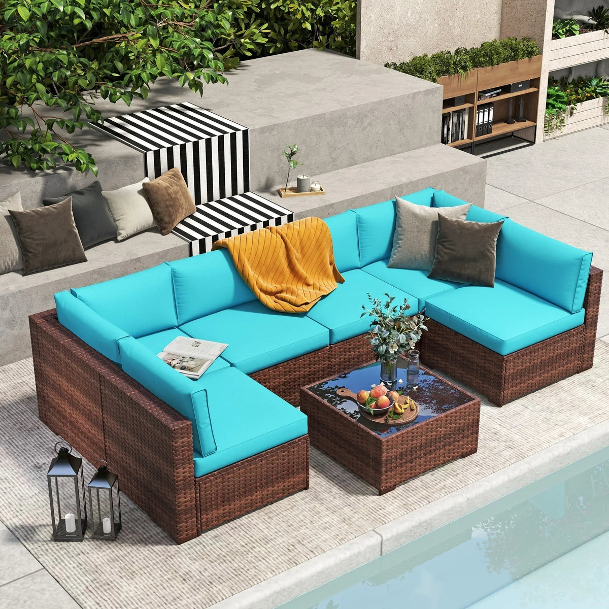 7-teiliges Outdoor-Ecksofaset aus Rattan und Stahl mit Kissen