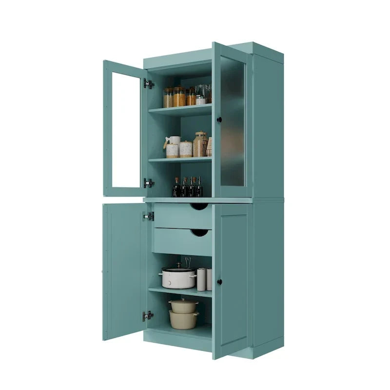 Credenza dispensa in legno massello al 100% con ante in vetro satinato, ante piene, 2 cassetti e ripiani regolabili