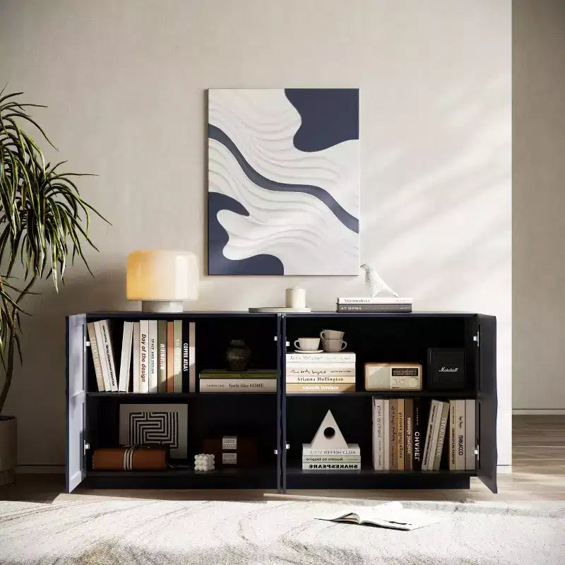 59 modern spiraalvormig dressoir, laag opbergmeubel voor de hal met deuren met 3D-ribbelstructuur
