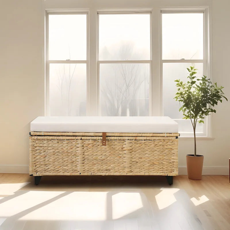 Banc de rangement en osier avec coussin pour chambre, salon ou véranda - 18.5 H X 43.3 W X 18.5 P