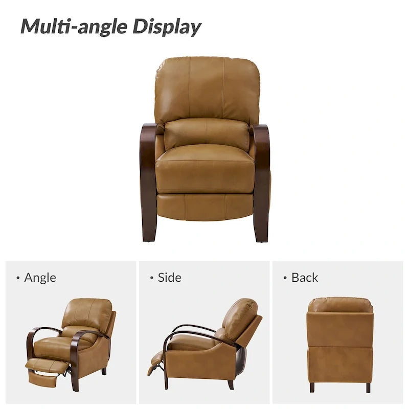 Alex handmatige relaxfauteuil van echt sigarenkleurig leer in mid-century moderne stijl, met gebogen houten armleuningen