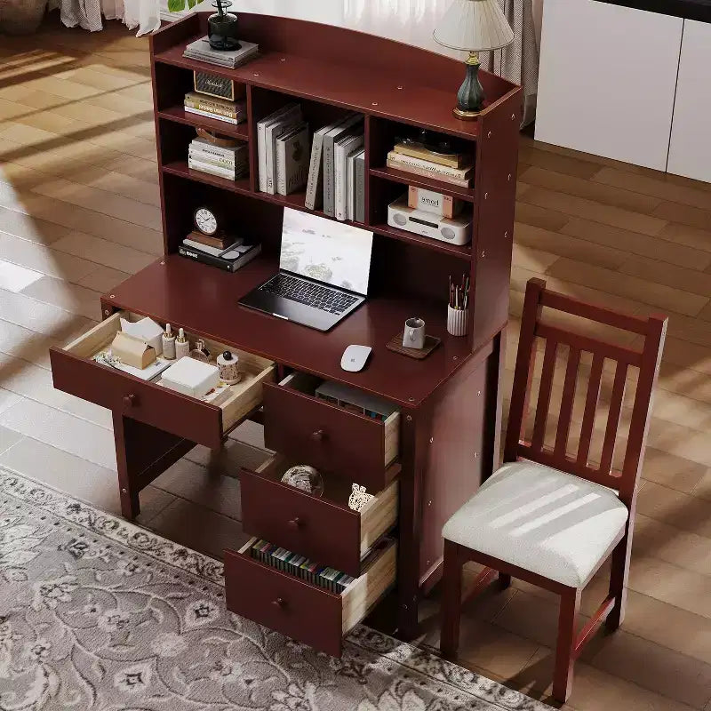 Okak modern houten bureau voor thuis, met bureaublad, stoel en boekenkast, opbergbureau voor tieners en studenten om aan te studeren of te werken