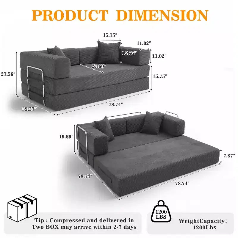 Dyonery canapé-lit pliant 78 en velours côtelé, convertible en lit, format king size, couchage au sol, canapé modulable 4-en-1 à combiner soi-même, confortable et dépliable.