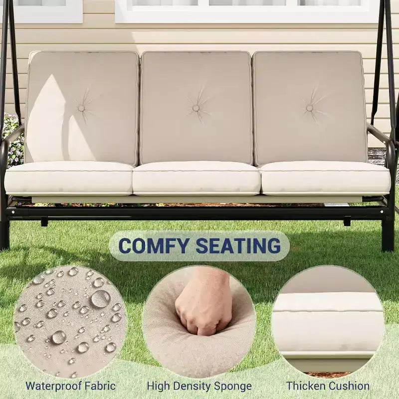 Sedia a dondolo da esterno trasformabile 2 in 1 a 3 posti con tettuccio regolabile, letto a dondolo da patio con struttura, cuscini spessi e portabicchieri, per cortile, giardino e veranda