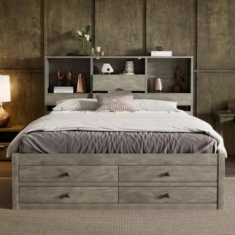 Queensize bed met opbergrek en 8 laden, eenvoudig te monteren