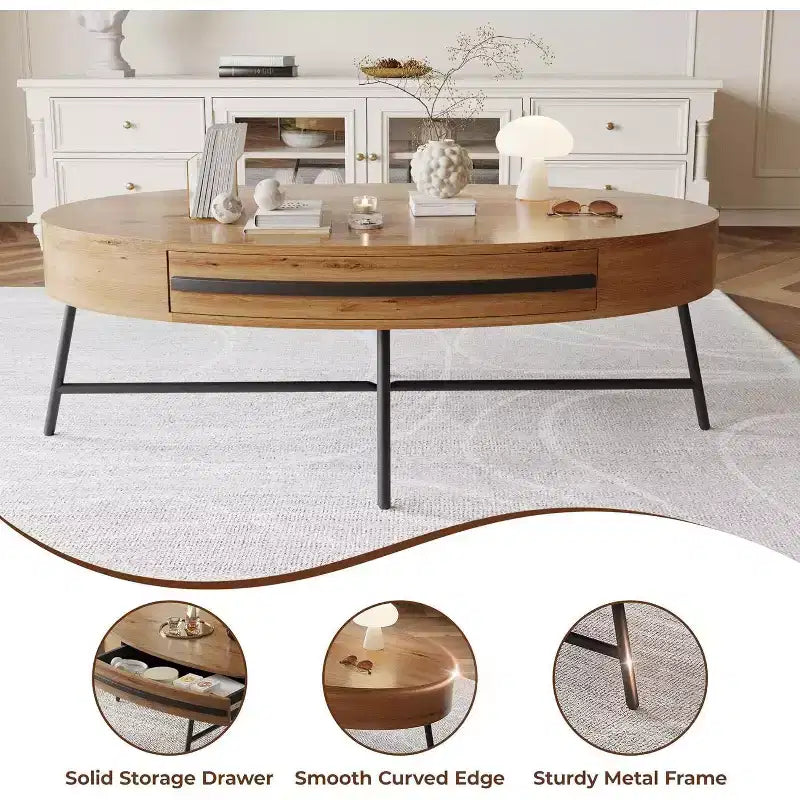 Table basse ovale Acekool avec tiroir, table de rangement en bois de 47.2 avec pieds croisés en métal, table centrale moderne du milieu du siècle en finition saule naturel et doré
