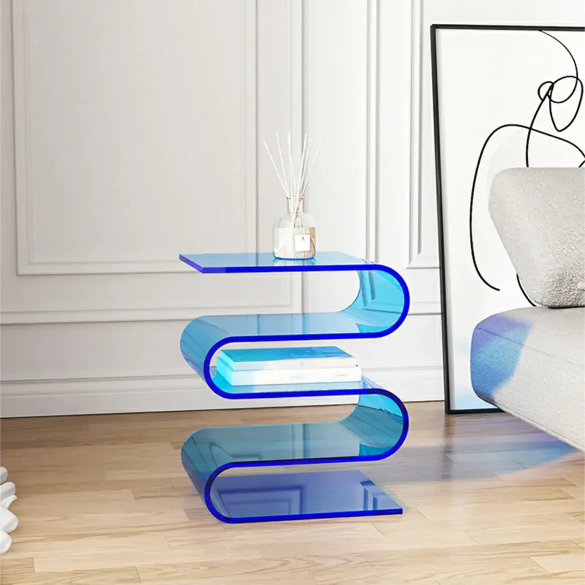 Table d’appoint contemporaine en acrylique en forme de S avec rangement