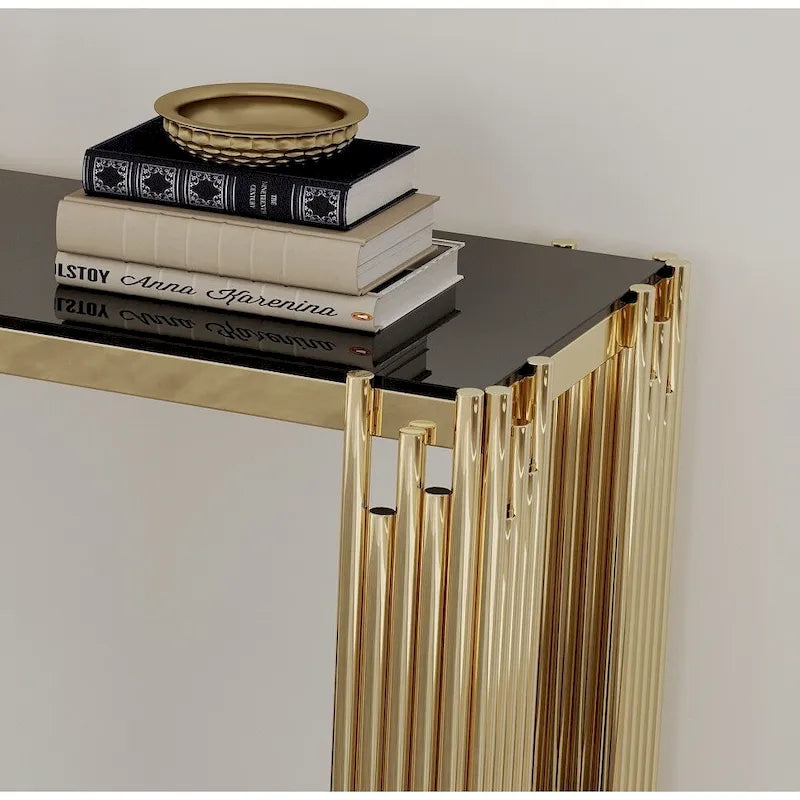 Table console étroite à 2 niveaux avec structure métallique finition or et plateau en verre trempé