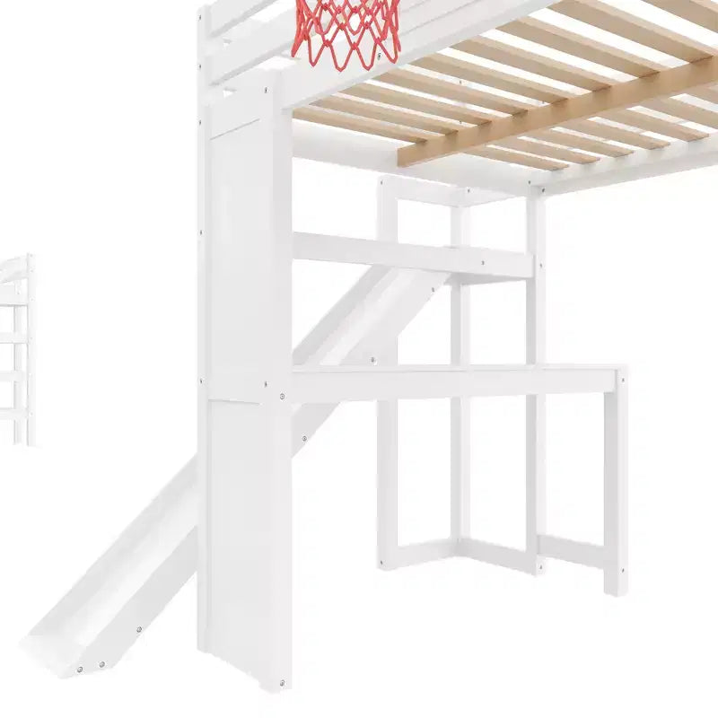 Lit mezzanine complet en bois Luxystar avec bureau, toboggan, panier de basket et escalier de rangement pour enfants et adolescents