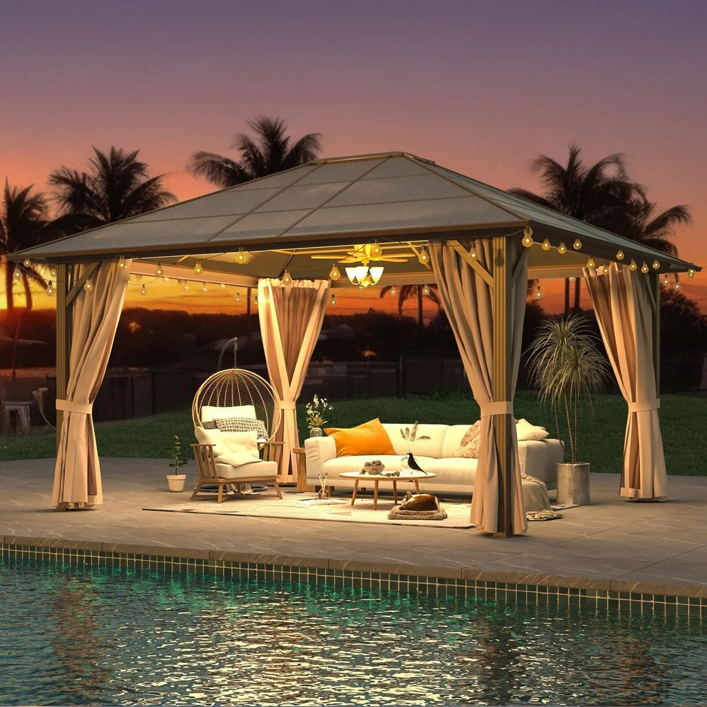 Gazebo EROMMY con tetto rigido, pergola da esterno con doppio tetto, rete e tende, copertura robusta per patio, giardino e feste in piscina