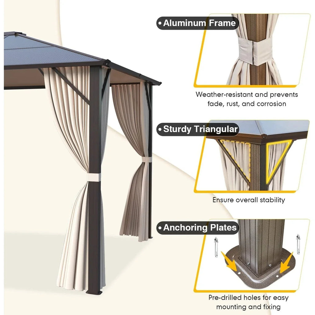 Gazebo EROMMY con tetto rigido, pergola da esterno con doppio tetto, rete e tende, copertura robusta per patio, giardino e feste in piscina