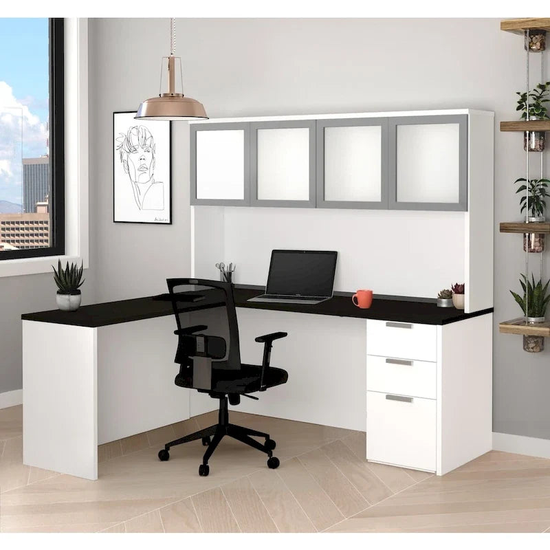 Scrivania ad angolo Bestar Pro-Concept Plus L con mobile superiore e anta in vetro satinato