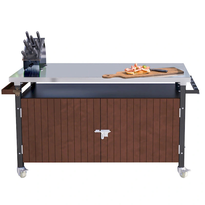 Grillwagen für draußen mit Tischplatte aus Edelstahl (Hocker nicht im Lieferumfang enthalten)