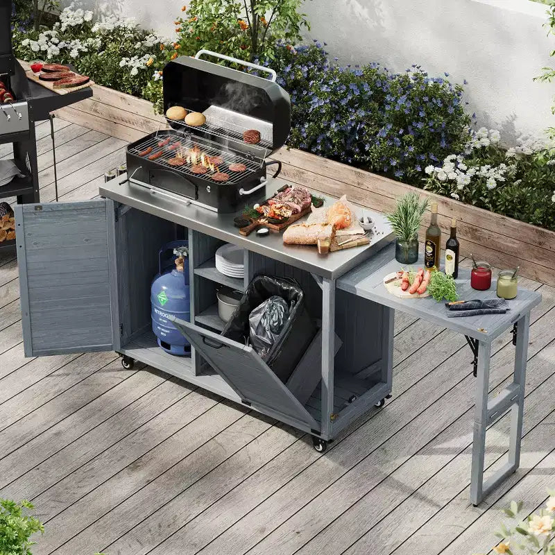 Îlot de cuisine d’extérieur FAMYYT de 78.3 pouces avec plan de travail en acier inoxydable, station de barbecue pliable et placards de rangement, bleu-gris