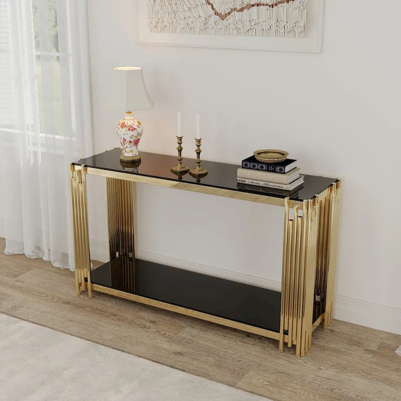 Table console étroite à 2 niveaux avec structure métallique finition or et plateau en verre trempé
