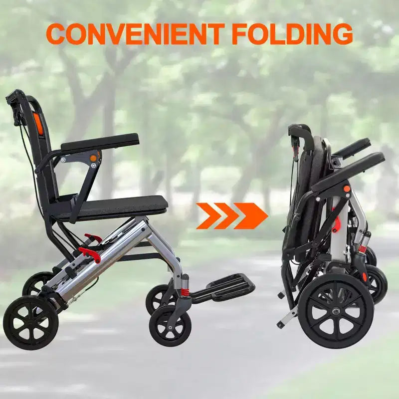 Fauteuil roulant de transport ultra léger pour personnes âgées, pliable et portable, avec frein à main verrouillable et accoudoirs rabattables amovibles