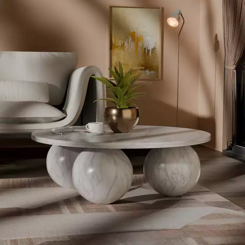 Table basse ronde en marbre avec pieds sphériques, multicolore, pour 4 personnes??