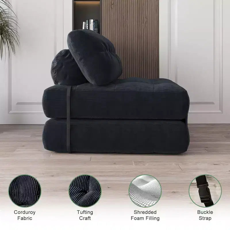 Futon pliant convertible en lit, format deux places, en velours côtelé, fauteuil-lit de sol avec coussin et soutien dorsal