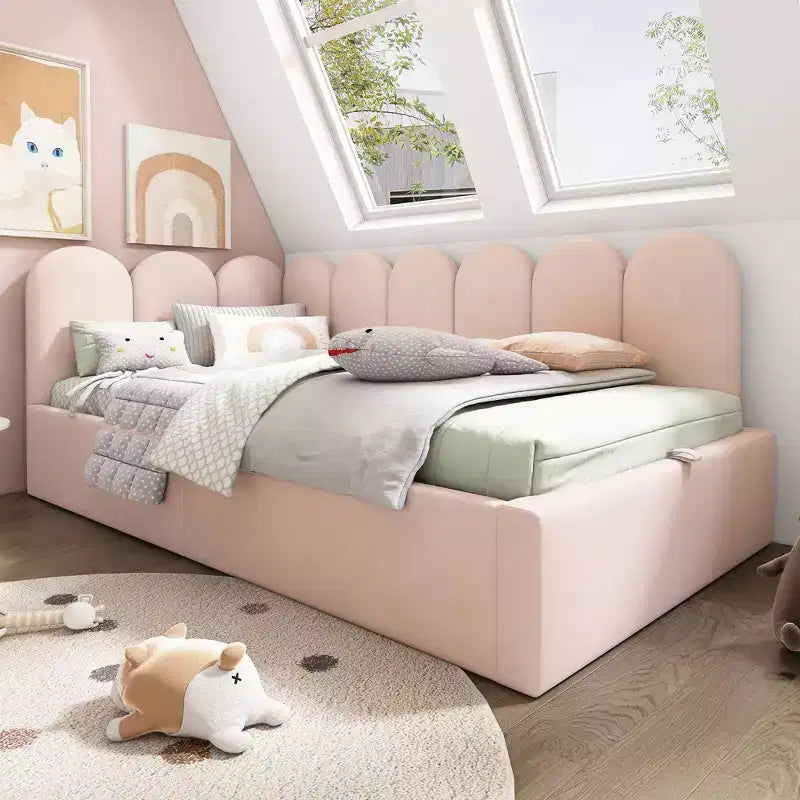 Okak gepolstertes Einzel-Tagesbett mit hydraulischem Stauraum und Metall-Lattenrost, modernes Einzelbett für Schlafzimmer und Kinderzimmer