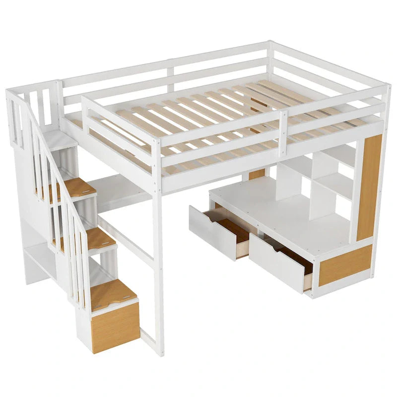 Letto a soppalco in legno massello, naturale e bianco, per letto matrimoniale piccolo, con scrivania e cassetti