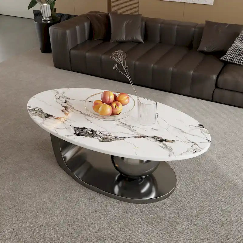 Tavolino da salotto ovale Modern Pandora 51 con piano in pietra sinterizzata lucida, tavolino di lusso con gambe in acciaio inossidabile per il soggiorno