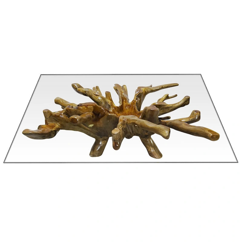 Tavolino da salotto in radice di legno di teak con piano in vetro quadrato da 55 inch