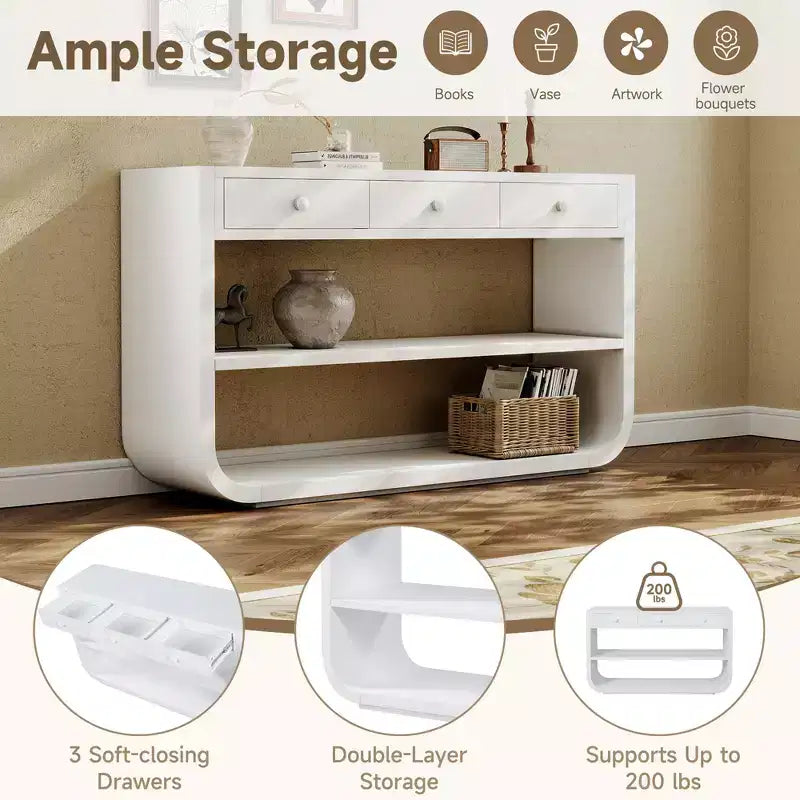 Tavolo consolle curvo ModernLuxe, tavolo d'ingresso, tavolino laterale per divano, espositore, tavolino d'accento con 3 cassetti a chiusura ammortizzata e 2 ripiani aperti