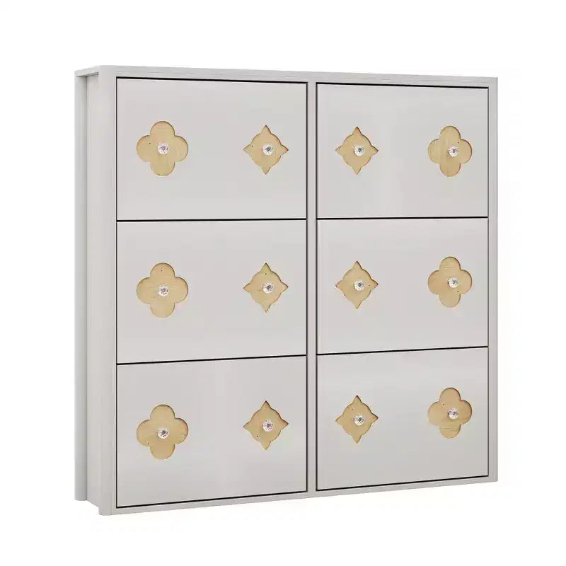 Meuble à chaussures en bois avec 6 tiroirs basculants, étagères réglables, motif floral, poignées en losange, rangement mince sur pied pour l’entrée