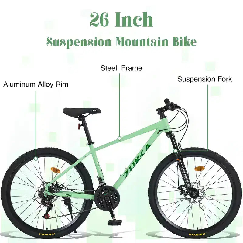 Mountain bike ammortizzata Whisen 26 con cambio posteriore a 8 velocità, forcella, pneumatici KENDA e doppi freni a disco