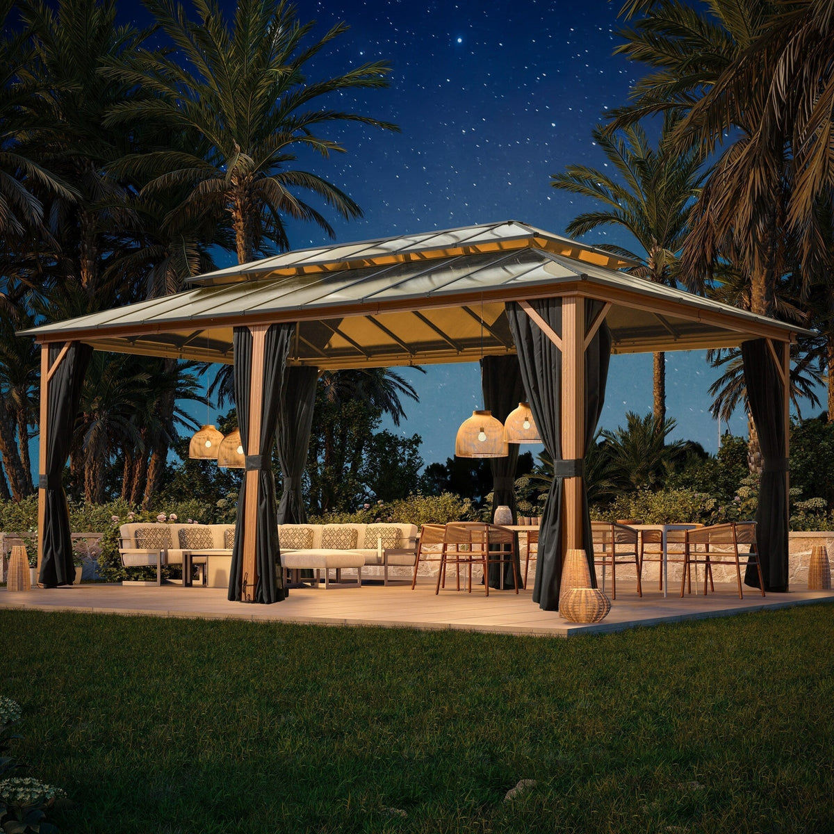 Gazebo EROMMY con tetto rigido, pergola da esterno con doppio tetto, rete e tende, copertura robusta per patio, giardino e feste in piscina